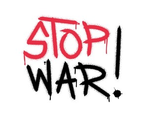 Graffiti STOP WAR word with splash effects and drops in black and red on white background. Urban street graffiti style. Vector Illustration for printing, backgrounds, covers,  posters, stickers