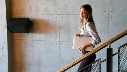 Portrait of happy beautiful successful business woman, manager working