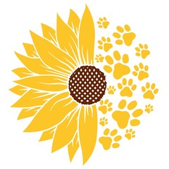 Half Sunflower With Paw Prints illustration, Summer illustration