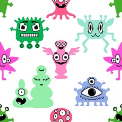 Cartoon seamless aliens and monsters pattern for kids and gifts and cards and linens and wrapping paper and fabrics