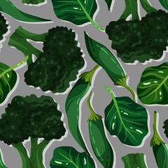 Vector illustration. Healthy green food. broccoli, hot peppers, spinach, grey background, seamless pattern