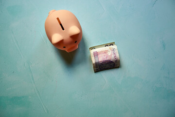 różowa świnka skarbonka i banknot na niebieskim tle 