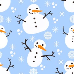 Winter seamless cartoon snowman pattern for kids and gifts and cards and linens and wrapping paper and fabrics