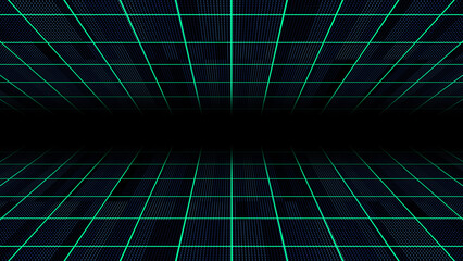 3D Vector perspective grid. Abstract wireframe landscape. Detailed lines on black background.