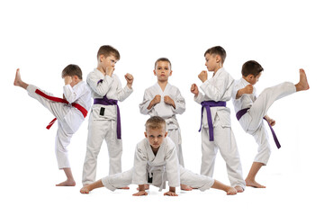 Sport training of 6 little kids, beginner karate fighters in white doboks practicing together isolated on white background. Concept of sport, martial arts, education