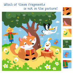 Find hidden fragments. Game for children. Fox read book, chicken blow on dandelion. Vector color illustration.