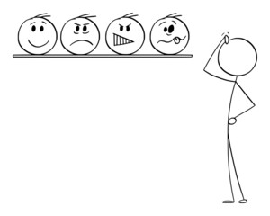 Decide About Emotion, Choose Your Face, Vector Cartoon Stick Figure Illustration