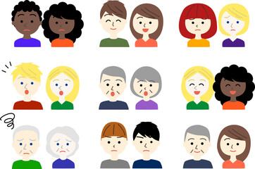 いろいろな大人二人組（夫婦カップル友達）バリエーションセット_いろいろな表情