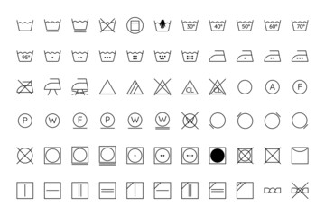 Laundry guide. A set of symbols, icons and icons with descriptions for washing, drying and ironing. Used for clothes and fabrics. Vector illustration with editable stroke.