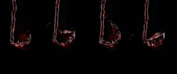 Splashes of red liquid on black background. Wine, juice, blood. 3d render illustration