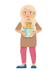 Girl holding gift. Character in cartoon style.