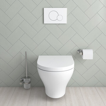 Bathroom Interior With White Toilet With Closed Seat Cover. Modern Style. 3d Illustration