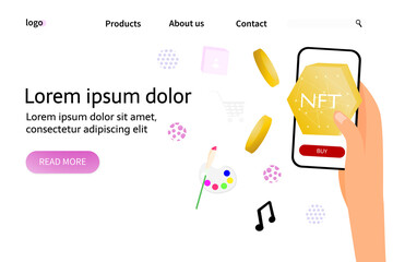 NFT token is a digital crypto art mobile application in a person's hand. The landing page template is an NFT token in blockchain technology. Vector illustration in a flat style