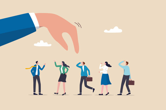 Choosing candidate for job vacancy, human resources or manager pick success candidate, searching for success people concept, giant businessman hand HR pick up winner from group of job candidate.