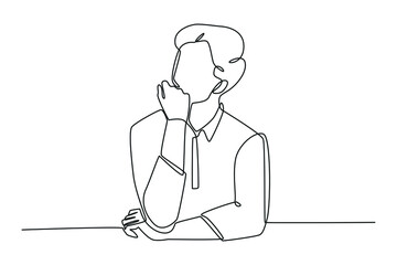 Obraz premium Single one line drawing Businessman thinking about question, pensive expression. Doubt concept.. Continuous line draw design graphic vector illustration.