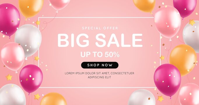 Big sale with 3d balloons, realistic pink and yellow air balloons, stars and confetti on pink background. Special offer banner, shop grand opening festive concept. Vector illustration