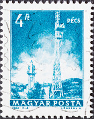 HUNGARY - CIRCA 1964: a postage stamp from HUNGARY, showing the Television Tower, Pécs . Circa 1964 - obrazy, fototapety, plakaty