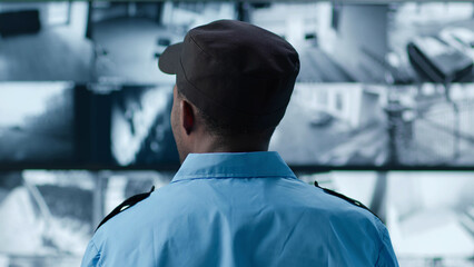 Back view of African-American security guard watching cctv screens in control room