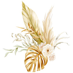 Watercolor gold tropical leaves and pampas grass arrangement. Romantic floral bohemian bouquet