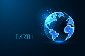 Abstract planet earth globe map, view from space concept banner in futuristic glowing style on blue