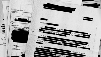 Redacted document montage with photocopy textures
