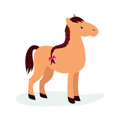 A horse with a pigtail stands on its hooves