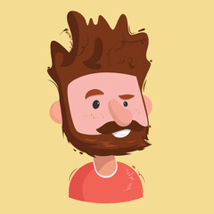 A beardy hipster/guy with a smile in a red t-shirt on the yellow background