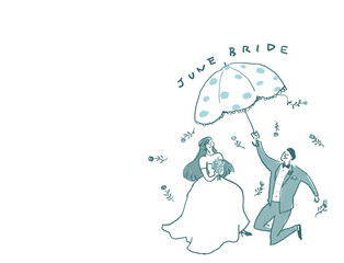 傘をさした新郎新婦、ウエディング、結婚式、文字あり（横、右配置）
