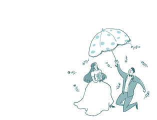 傘をさした新郎新婦、ウエディング、結婚式、文字なし（横、右配置）