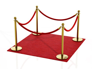 Square red carpet and velvet ropes isolated on white background. 3D illustration