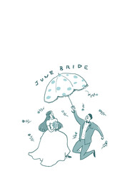 傘をさした新郎新婦、ウエディング、結婚式、文字あり（縦、下中央配置）
