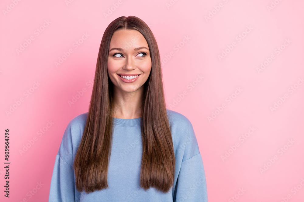 Sticker Portrait of attractive cute cheerful brunet girlfriend looking aside copy space isolated over pink pastel color background