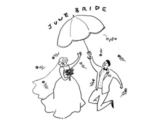 傘をさした新郎新婦、ウエディング、結婚式、文字あり、線画（横、中央配置）