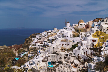 Wide angle image of part of the town Oia in Santorini. Famous travel destination on the Greek...
