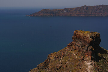 Landscape image of Skaros rock in Santorini. Daytime photo of famous landmark on Greek island....