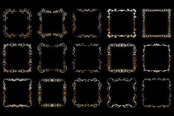 Vector luxury golden frames set. Ornamental shiny golden decorative design elements collection.
