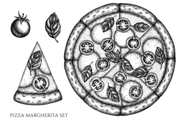 Pizza vintage vector illustrations collection. Black and white pizza margherita.