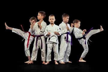 Rolgordijnen Group portrait of preschool age boys, beginner karate fighters in white doboks posing like team isolated on dark background. Concept of sport, martial arts, education © master1305