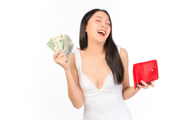 Portrait of young cheerful sexy asian woman happy holding happy holding a purse and wallet in hand, winner successful in business bankruptcy economic financial concept.