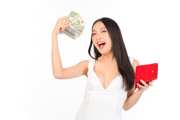 Portrait of young cheerful sexy asian woman happy holding happy holding a purse and wallet in hand, winner successful in business bankruptcy economic financial concept.