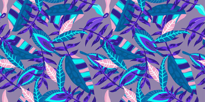 Neon tropic floral seamless pattern on purple background. Floral neon for bright summer design. Tropic jungle in abstract style on blue background