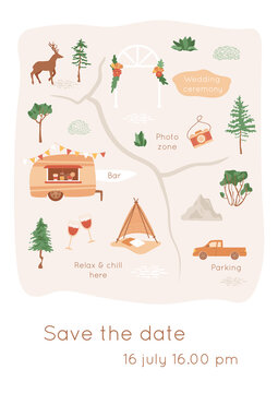 Outdoor wedding invitation template. Party map with decorative arch, camping bar, photo and lounge zone. Holiday, weekend on nature, marriage ceremony concept. Vector summer illustration.