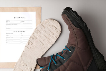 shoe footprint forensic evidence on black background and evidence packaging bag