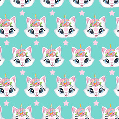 Seamless pattern cute kitty unicorn head vector illustration