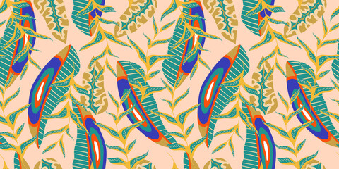 Aesthetic boho jungle seamless pattern for print design. Boho botanical tropic floral background. Modern exotic floral jungle pattern. Geometric texture. Print design