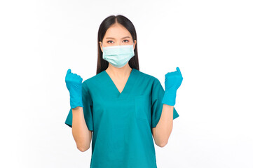 portrait asian female doctor in scrubs standing fingers protection flu cold facial with mask wearing surgical gloves