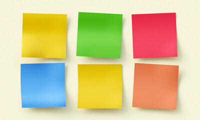 3D Rendering of blank sticky notes isolated on beige background.