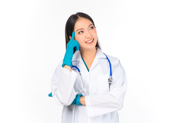 portrait asian female doctor with stethoscope in uniform. wearing surgical gloves, thinking in uniform ,doctor ready for surgery.