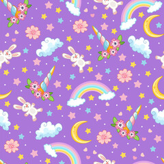 Seamless pattern cute unicorn horn and rainbow vector illustration