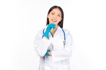 portrait asian female doctor with stethoscope in uniform. wearing surgical gloves, thinking in uniform ,doctor ready for surgery.